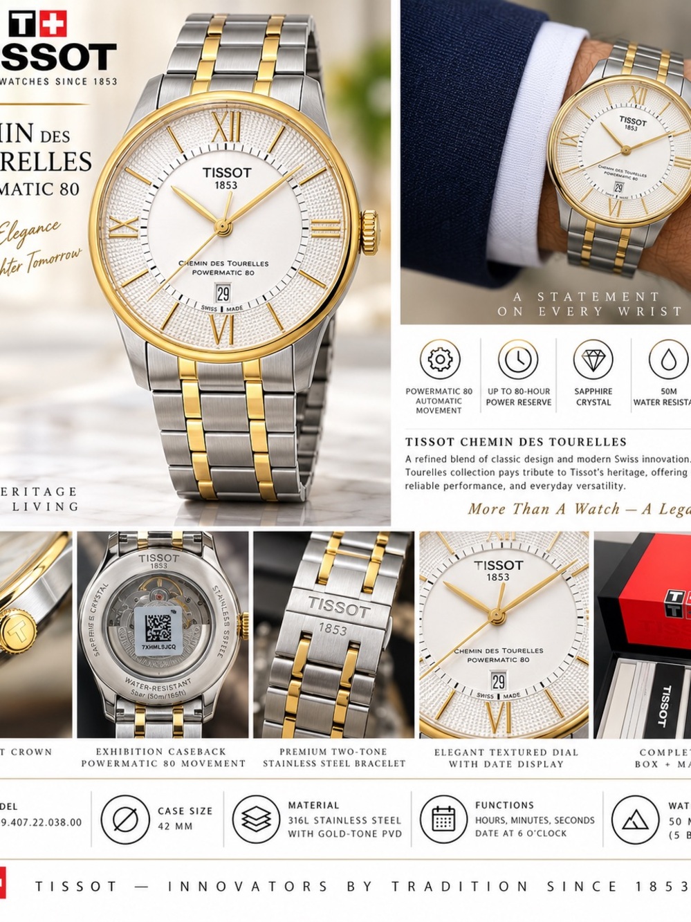 Tissot Chemin Des Tourelles Two-Tone Stainless Steel Watch - Gold & Silver